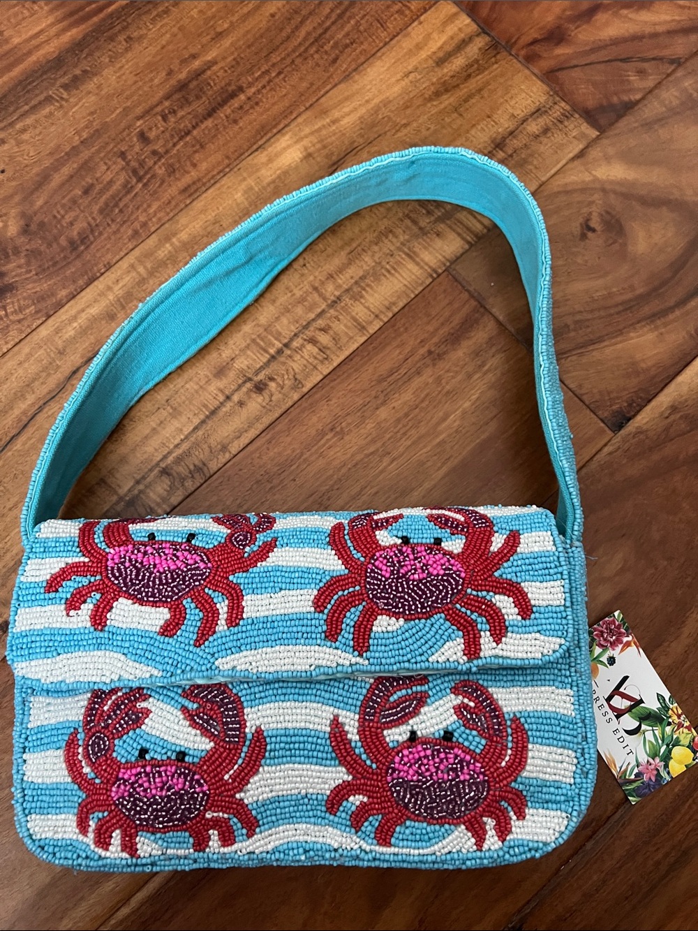 Beaded Crab Motif Shoulder Bag in Aqua